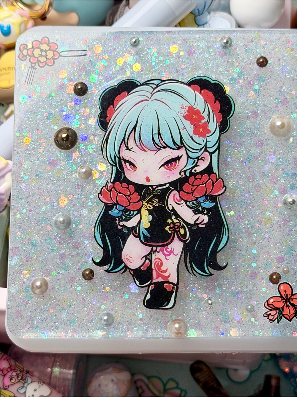 Kawaii GIRL on Holographic CoasTER- Aqua Hair, Black Outfit DIY resin